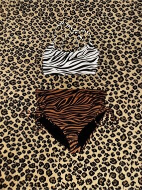 Submarine White Zebra Print Top with Brown Zebra High-Waist Bottom